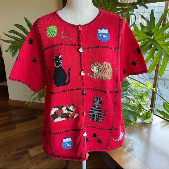 Vintage Marisa Christina Short Sleeve Red Cat Pattern Ramie Cotton Cardigan - Picture 1 of 12